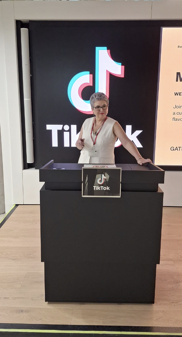 Jennifer Byrne hosting a corporate wellbeing stand at the TikTok offices in Dublin