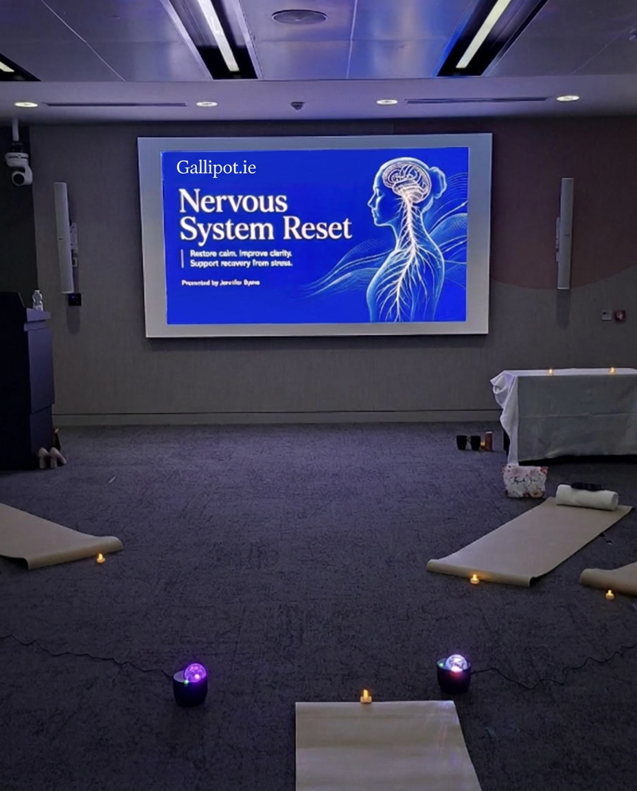 A Gallipot Reset Method session set up in a room with mats, candles and a presentation screen